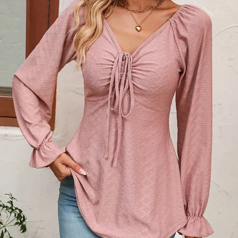 Women's V-Neck Top - Textured Fabric - Long Flared Sleeves - Ruched Front with Tie