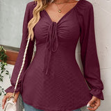 Women's V-Neck Top - Textured Fabric - Long Flared Sleeves - Ruched Front with Tie