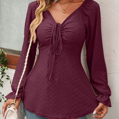 Women's V-Neck Top - Textured Fabric - Long Flared Sleeves - Ruched Front with Tie