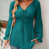 Women's V-Neck Top - Textured Fabric - Long Flared Sleeves - Ruched Front with Tie