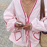 Pink Plaid Sweetheart Long Sleeve Blouse for Women