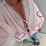Pink Plaid Sweetheart Long Sleeve Blouse for Women