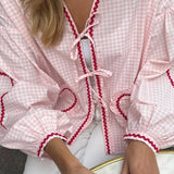 Pink Plaid Sweetheart Long Sleeve Blouse for Women