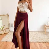 Women's Maxi Skirt - High Waist - Flowy Lightweight Fabric - High Slit Elegant Fit