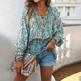 Women's Bohemian Blouse - Long Sleeve - V-Neck with Tie - Flowy Relaxed Fit