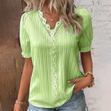 Women’s Blouse – Relaxed Fit – Puff Sleeve – V-Neck with Lace Trim