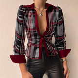 Leila | Printed V-neck PU Leather Blouse with Long Sleeves and Patchwork Design