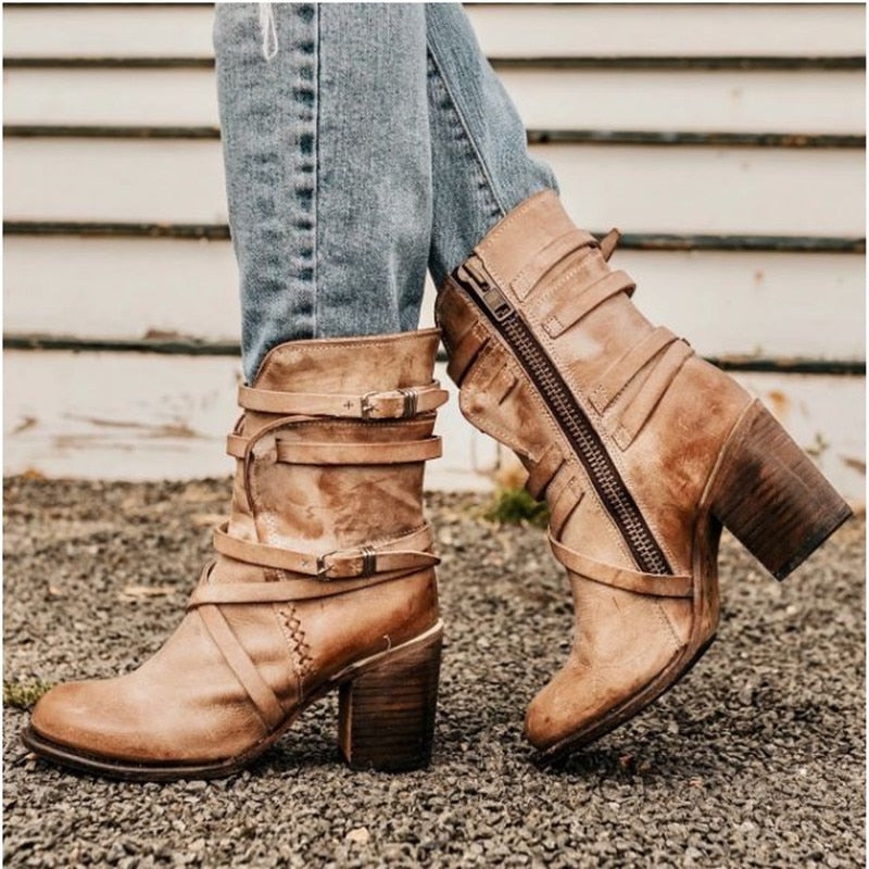 Sienna | Ankle Boots - Buckle Straps & Chunky Heel