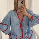 Pink Plaid Sweetheart Long Sleeve Blouse for Women