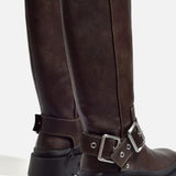 Sybil | Knee-High Chunky Flat Boots – Retro Buckle