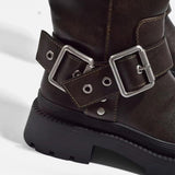 Sybil | Knee-High Chunky Flat Boots – Retro Buckle