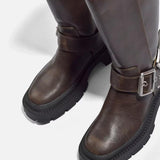 Sybil | Knee-High Chunky Flat Boots – Retro Buckle