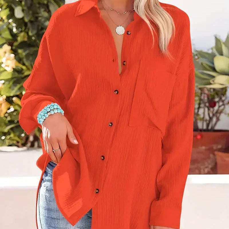 Women’s Blouse – Relaxed Fit – Crinkled Texture – Button Front – Breathable Blend