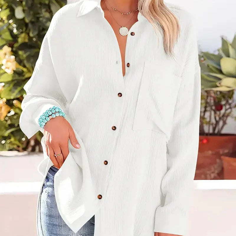 Women’s Blouse – Relaxed Fit – Crinkled Texture – Button Front – Breathable Blend