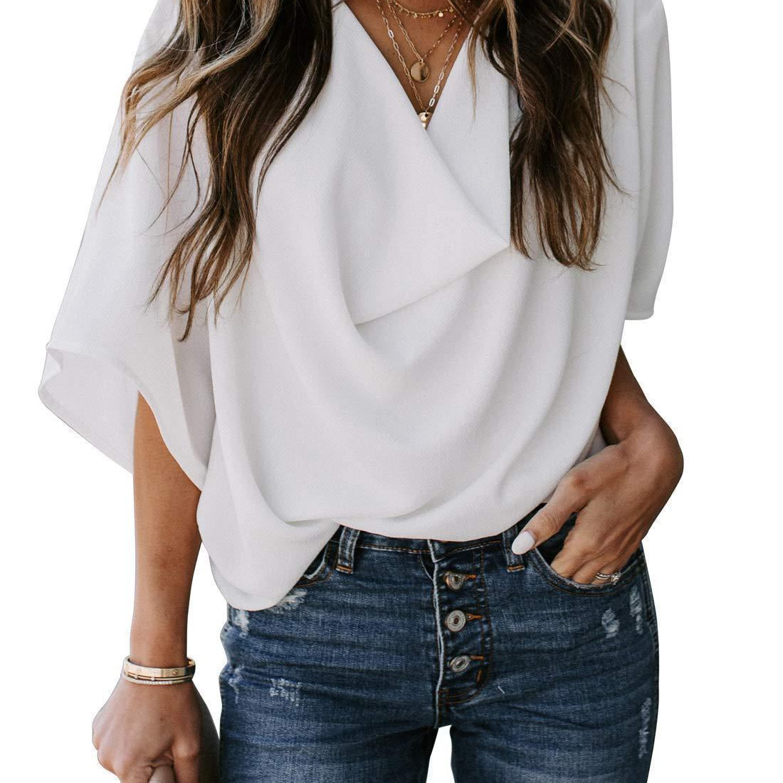 Women's shiffon blouse ladies v neck loose fit and pleated flounce sleeves