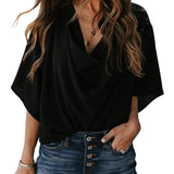 Women's shiffon blouse ladies v neck loose fit and pleated flounce sleeves