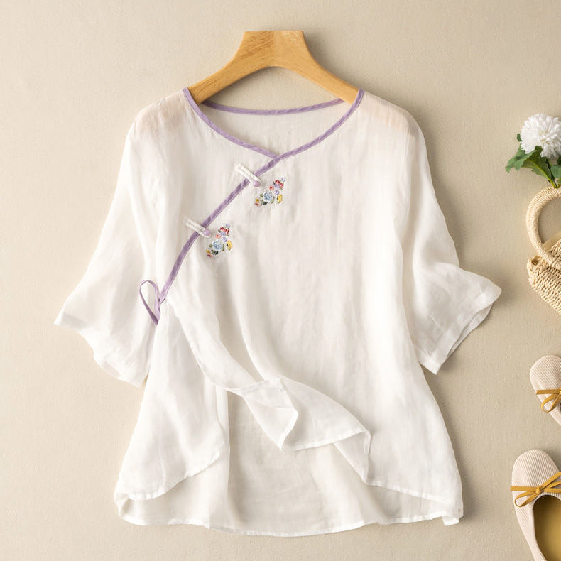 Women’s Blouse – Loose Fit – Embroidered Front – Short Sleeve – Breathable Blend – Tie Detail