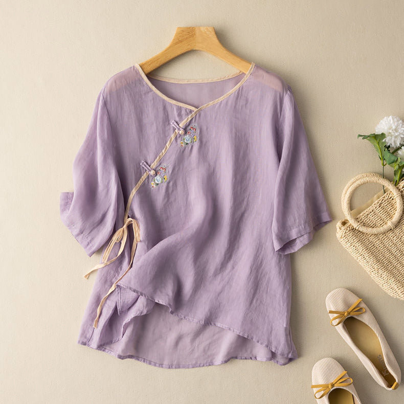 Women’s Blouse – Loose Fit – Embroidered Front – Short Sleeve – Breathable Blend – Tie Detail