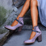 Women’s Block Heel Shoes – Leather Look – Ankle Strap – Closed Toe – Elegant Fit