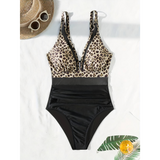 Women’s Swimsuit – Fitted One-Piece – Plunging Neckline – Mesh Panels – High-Cut Leg