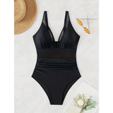 Women’s Swimsuit – Fitted One-Piece – Plunging Neckline – Mesh Panels – High-Cut Leg