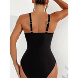 Women’s Swimsuit – Fitted One-Piece – Plunging Neckline – Mesh Panels – High-Cut Leg