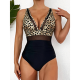 Women’s Swimsuit – Fitted One-Piece – Plunging Neckline – Mesh Panels – High-Cut Leg