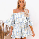 Women's Off-Shoulder Romper - Flowy Sleeves - Elastic Waist - Lightweight Casual Wear