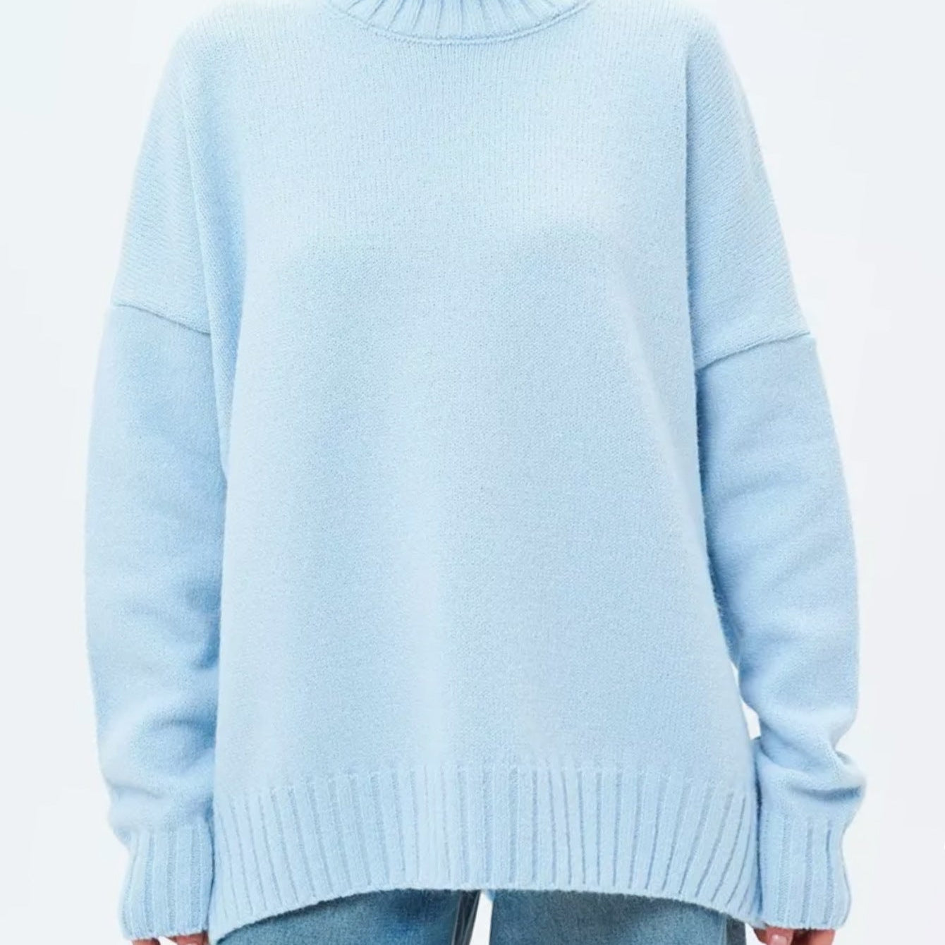 Women’s Pullover Sweater – Oversized Fit – Ribbed Knit – Semi-High Neck – Dropped Shoulder