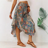 Women’s Long Skirt – Flowing A-Line – Exotic Print – Drawstring Waist – Asymmetric Hem