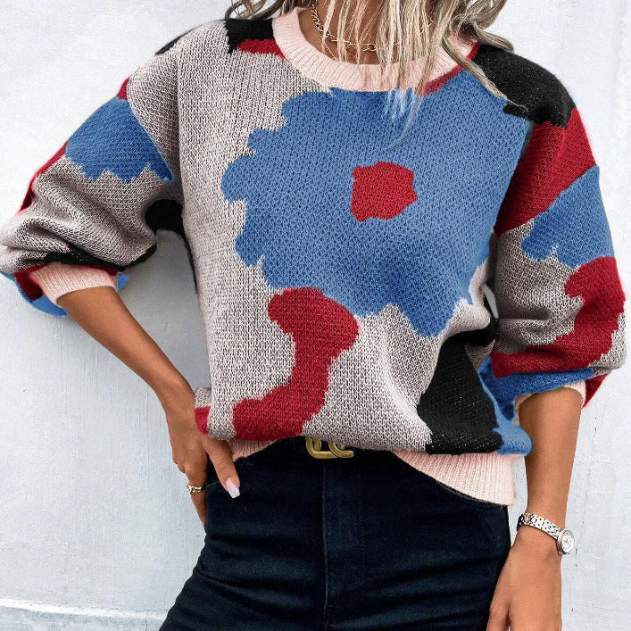 Women’s Pullover Sweater – Knit Fabric – Relaxed Fit – Round Neck – Balloon Sleeves – Patterned