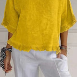 Women’s Blouse – Cotton Linen – Relaxed Fit – Short Sleeve – Ruffle Hem – Round Neck
