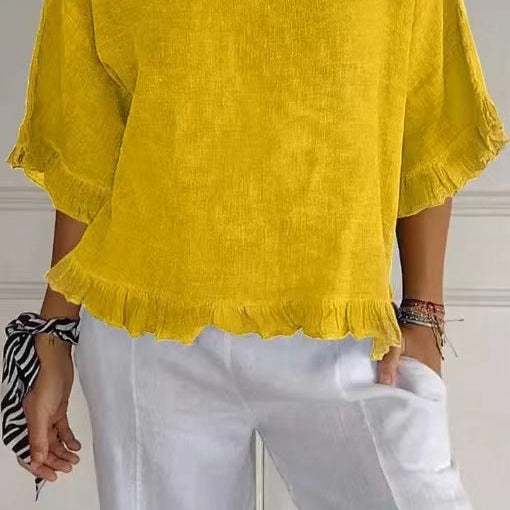 Women’s Blouse – Cotton Linen – Relaxed Fit – Short Sleeve – Ruffle Hem – Round Neck