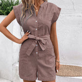 Women’s Short Sleeve Romper – Button Front – Fine Stripe – Waist Tie – Side Pockets