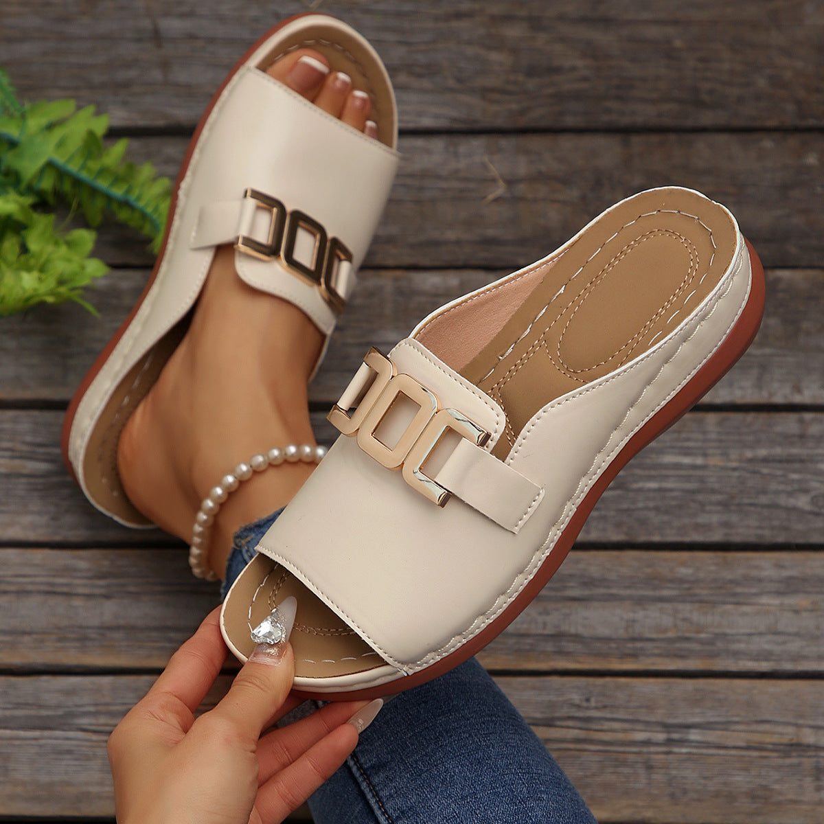 Women’s Platform Sandals – Slip-On Style – Wide Strap – Metallic Detail – Open Toe