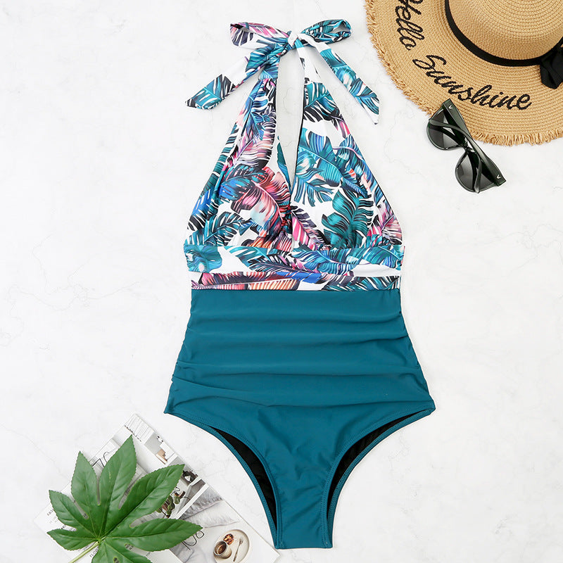 Women’s One-Piece Swimsuit – Halter Neck – Deep V Plunge – Ruched Waist – Stretch Fit
