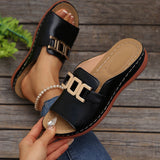 Women’s Platform Sandals – Slip-On Style – Wide Strap – Metallic Detail – Open Toe