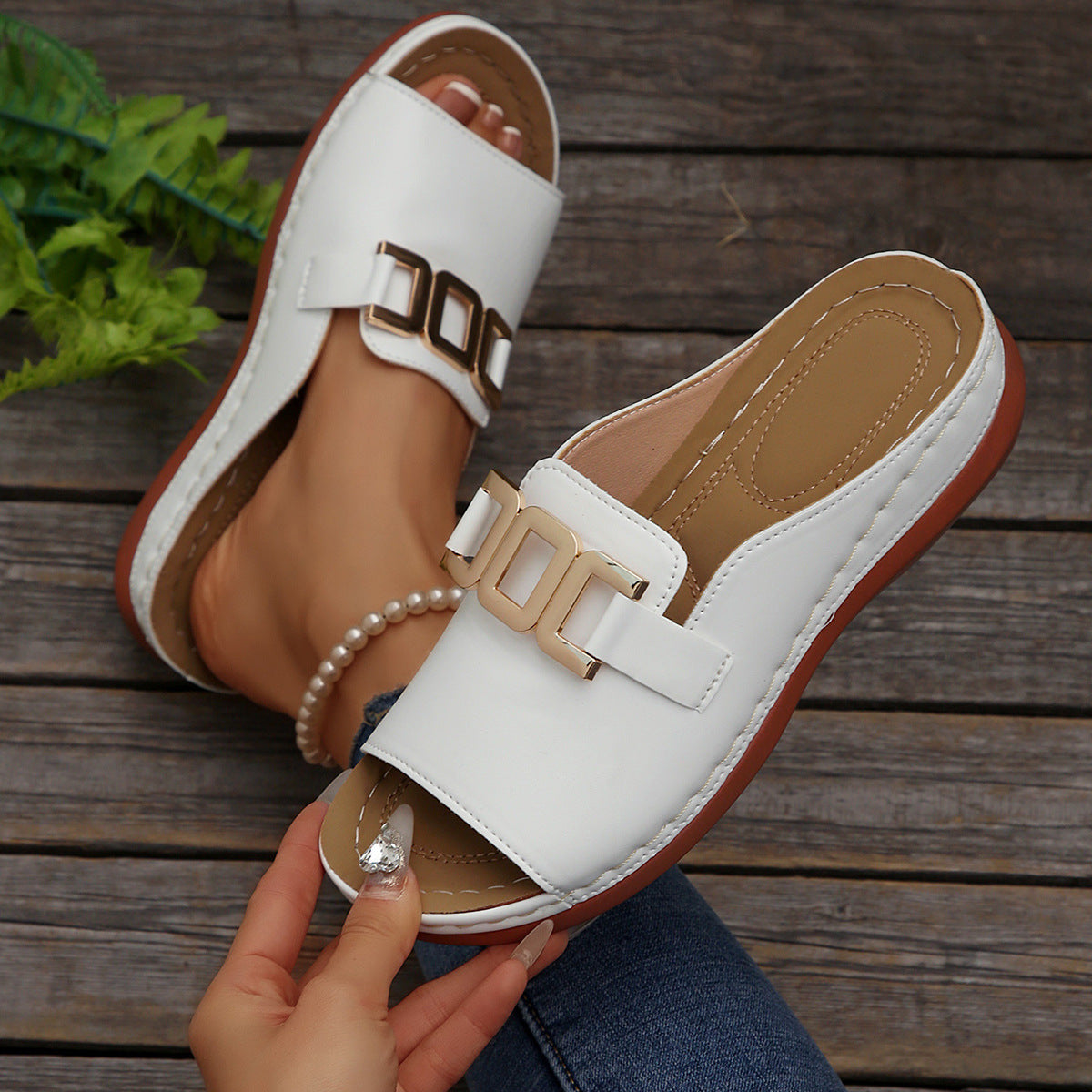 Women’s Platform Sandals – Slip-On Style – Wide Strap – Metallic Detail – Open Toe