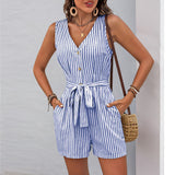 Women’s Sleeveless Romper – V-Neck – Vertical Stripes – Belted Waist – Soft Fabric