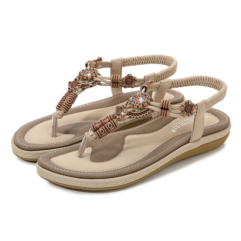 Women’s Sandals – Flat Sole – Woven Thong Strap – Wood Bead Embellished – Casual Fit