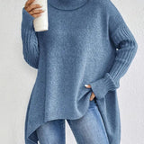 Women’s Turtleneck Sweater – Oversized Fit – Wool Knit – Asymmetrical Hem – Ribbed Sleeves