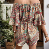 Women’s Off-Shoulder Romper – Bohemian Print – Flared Sleeve – Relaxed Fit