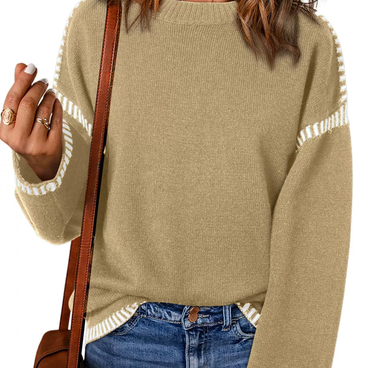 Women’s Sweater – Loose Fit Cable Knit – Round Neck – Long Sleeve with Stripe Trim