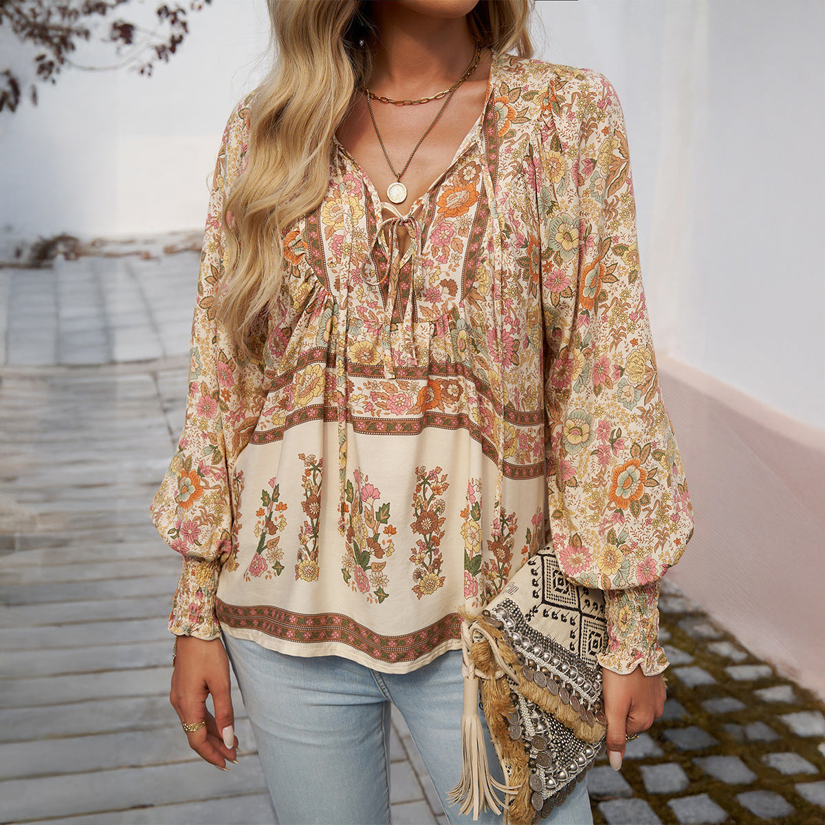 Women’s Blouse – Lightweight Rayon – Relaxed Fit – Tie Neck – Boho Print – Long Sleeve