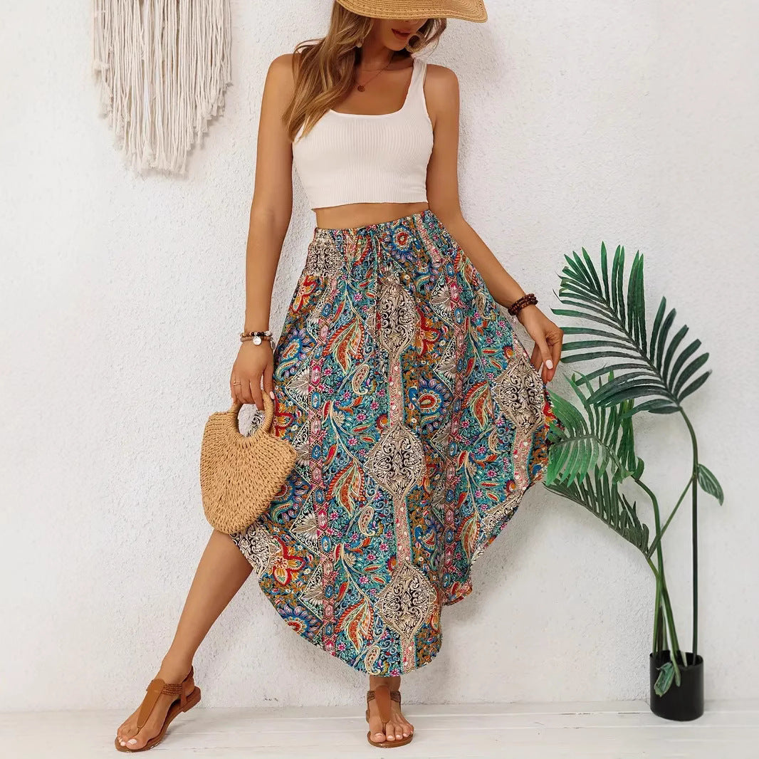 Women’s Long Skirt – Flowing A-Line – Exotic Print – Drawstring Waist – Asymmetric Hem