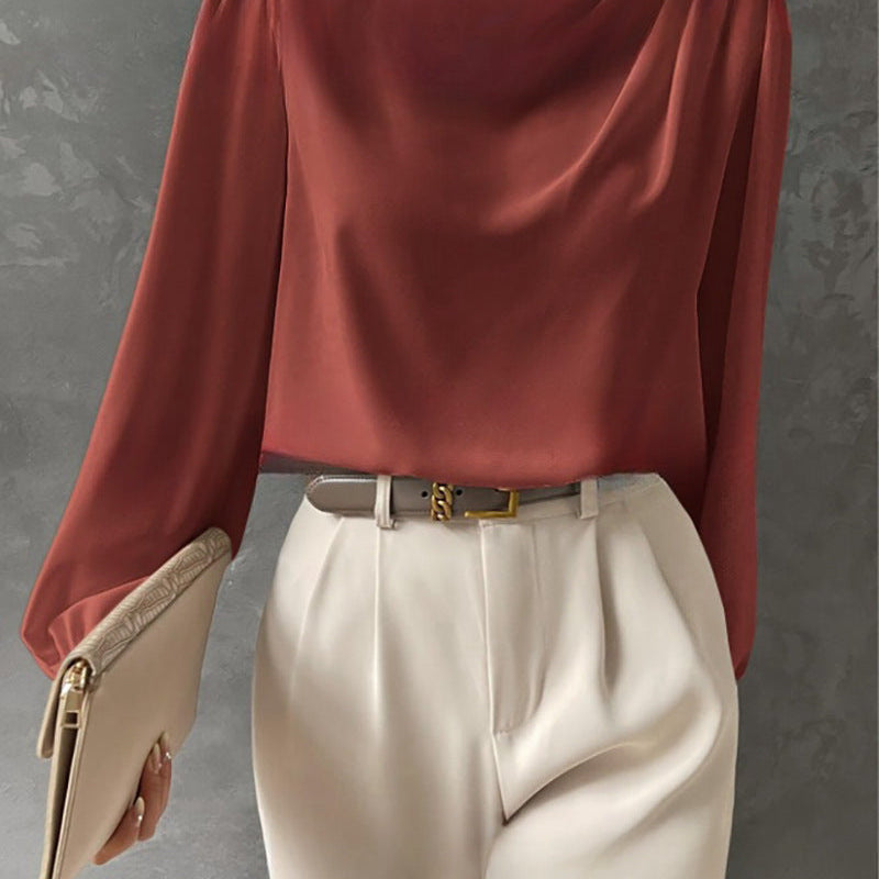 Women’s Satin Blouse – Relaxed Fit – High Neck – Long Sleeve Elegant Draped Top