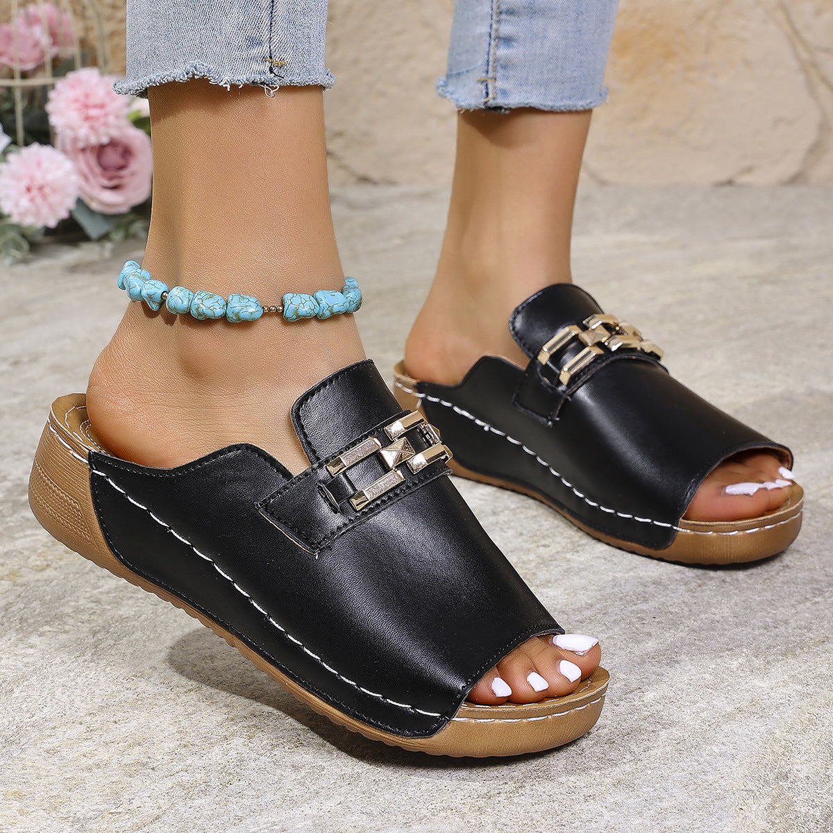 Women’s Wedge Sandals – Slip-On Fit – Smooth Finish – Open Toe Buckle
