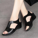 Women’s Wedge Sandals – Faux Leather – Open Toe – Zipper Front – Cut-Out Design