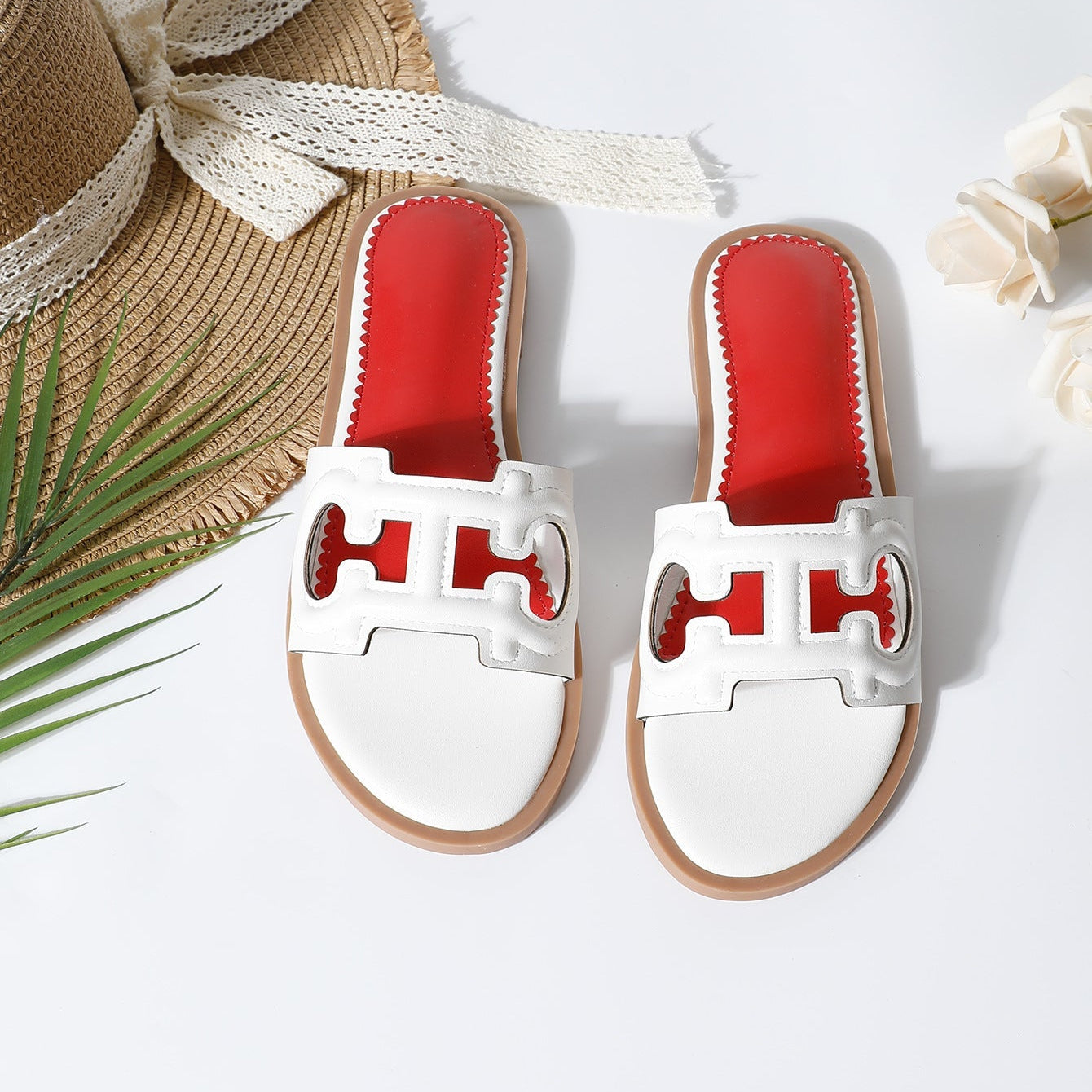 Women’s Flat Sandals – Faux Leather – Cut-Out Strap – Slip-On Open Toe Casual Fit