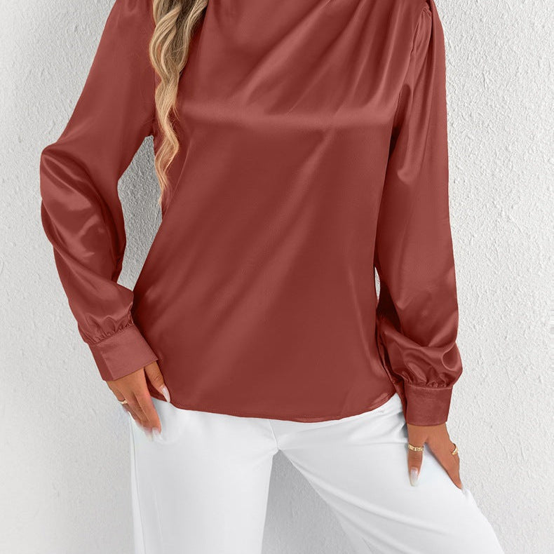 Women’s Satin Blouse – Relaxed Fit – High Neck – Long Sleeve – Minimalist Elegant Style